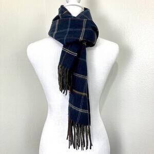 Perry Ellis Vintage Navy Plaid Fleece Scarf 11 x 65 Classic Preppy Warm 90s